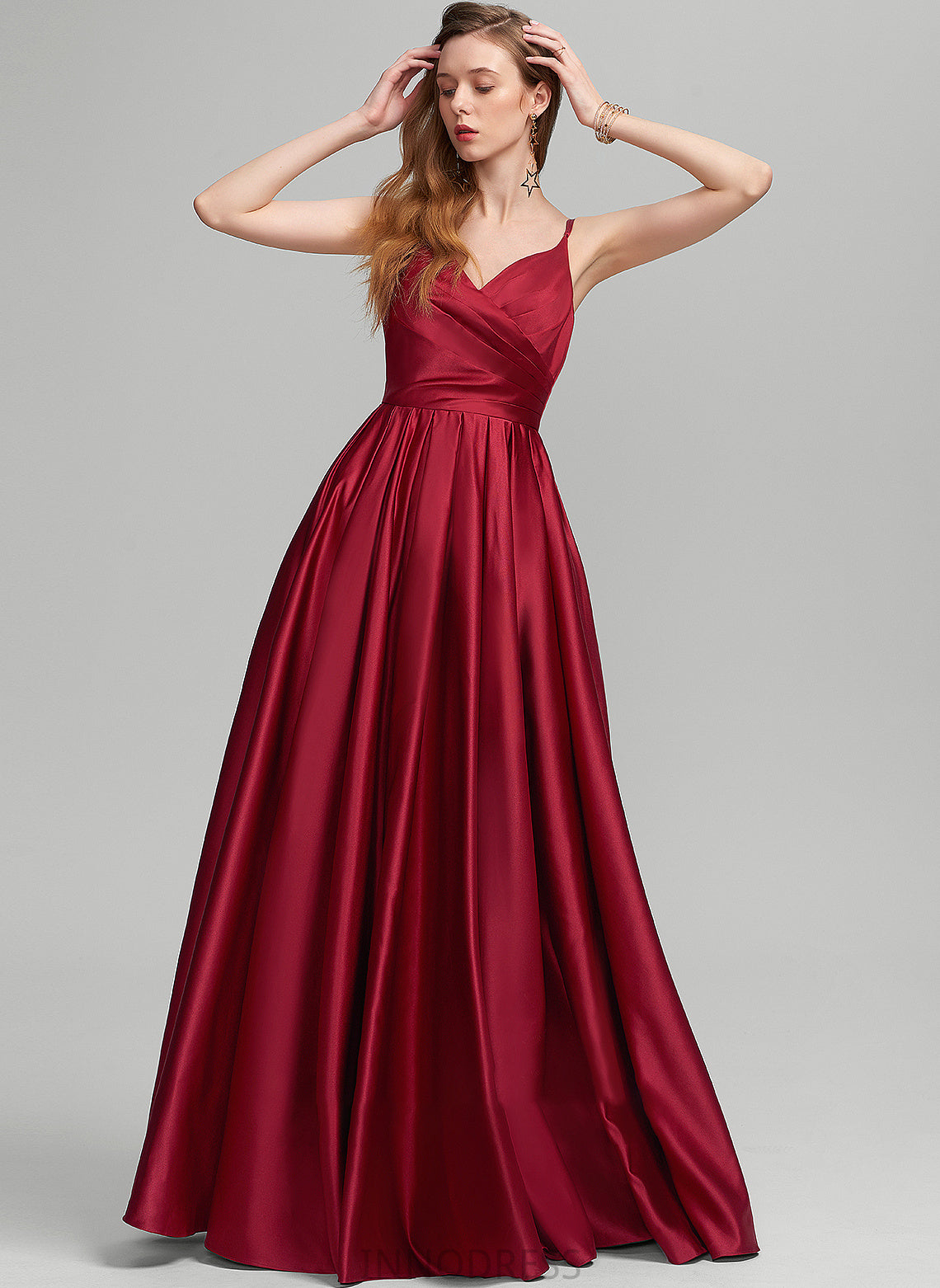 V-neck Mira Floor-Length Ruffle Satin Pockets With Prom Dresses A-Line