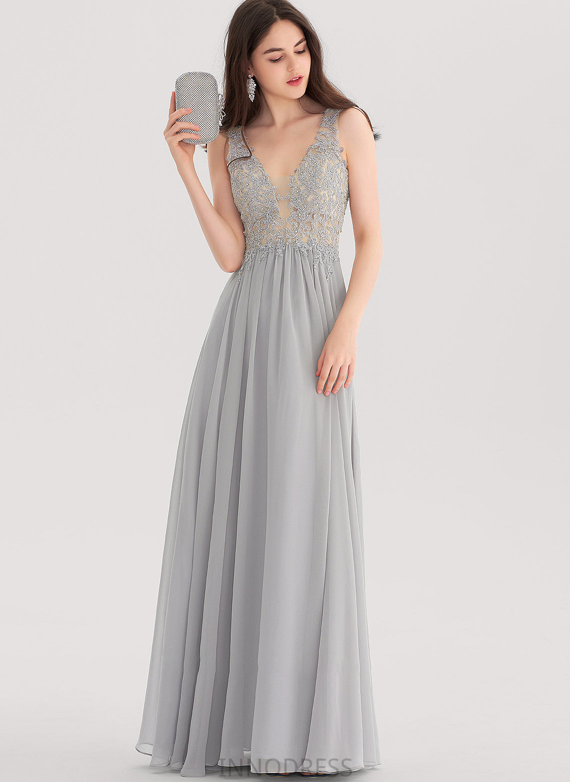 Sequins Chiffon Floor-Length Jade With V-neck A-Line Prom Dresses Beading