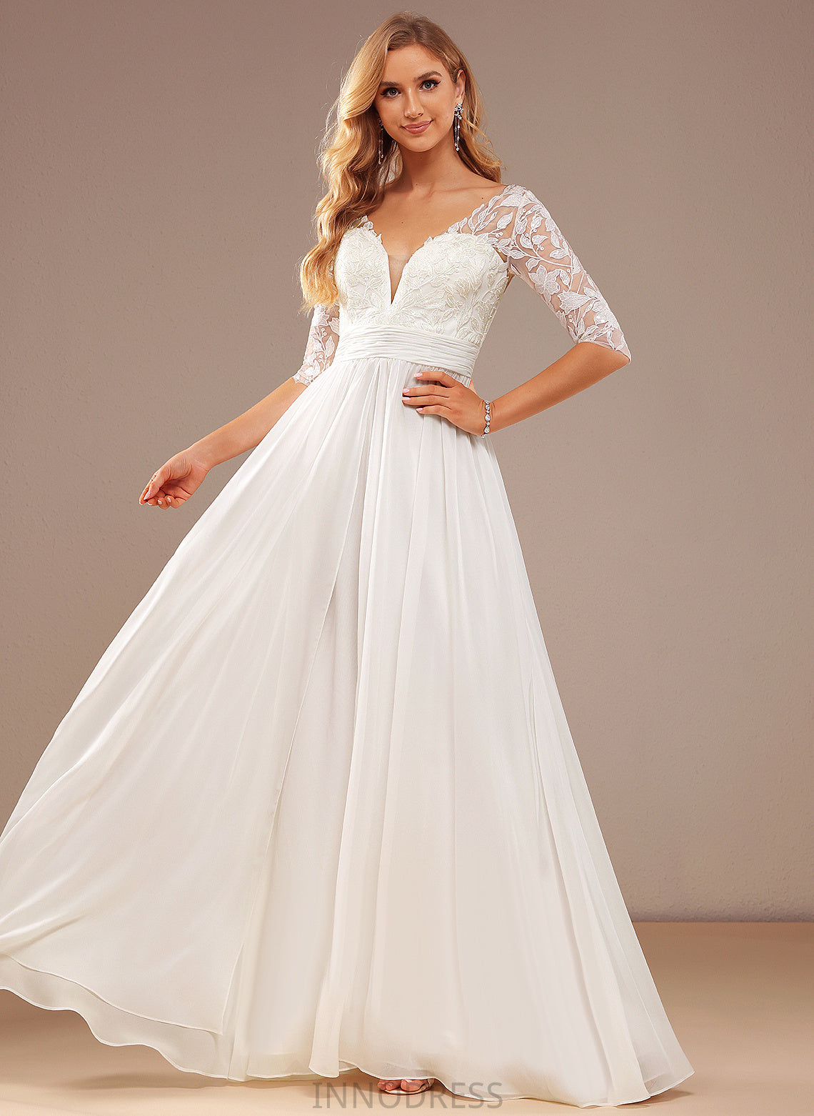 Ruffle A-Line Wedding Dresses With Chiffon Saige Dress Lace V-neck Lace Floor-Length Sequins Wedding