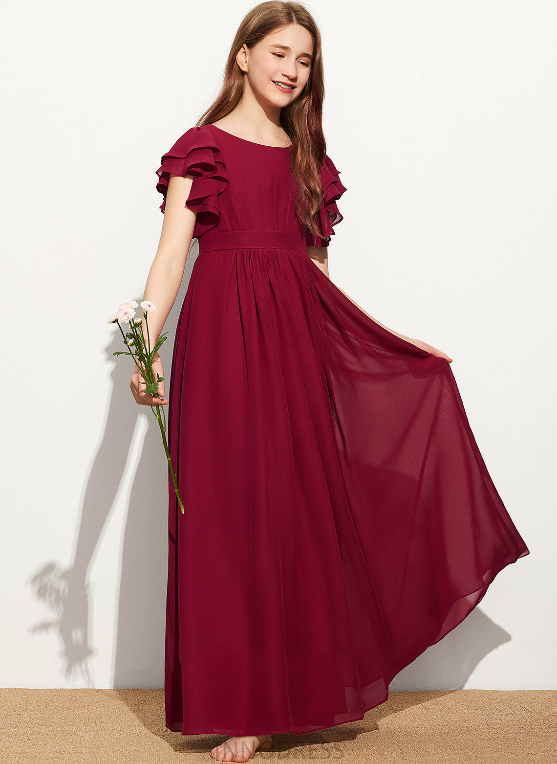 Chiffon With Junior Bridesmaid Dresses Neck Emelia Floor-Length Scoop Cascading Ruffles A-Line