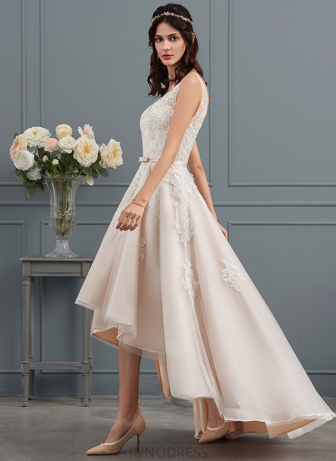 Bow(s) Carolina Asymmetrical Tulle V-neck Wedding Wedding Dresses Satin A-Line Dress With Lace