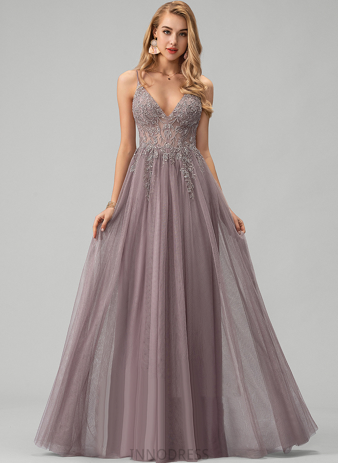 Tulle Beading V-neck Lace Prom Dresses Sequins Floor-Length With Alison A-Line