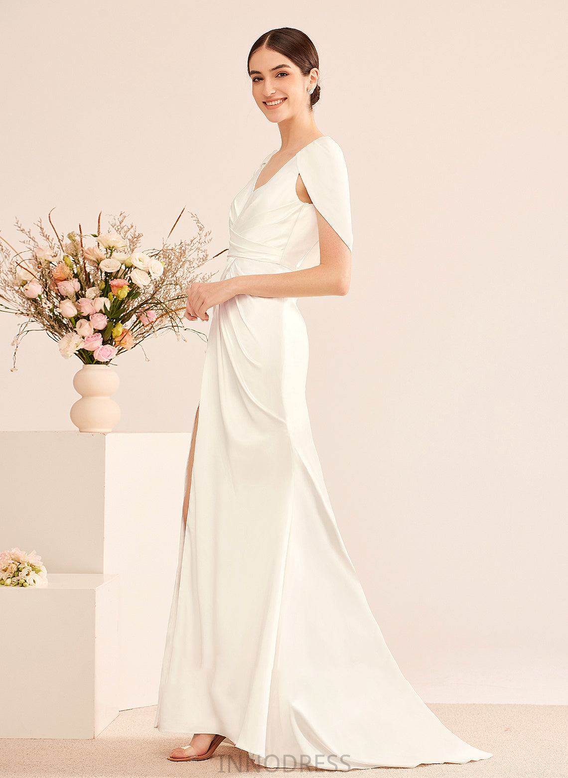 A-Line Deborah Ruffle Dress V-neck Wedding Dresses Train With Sweep Wedding