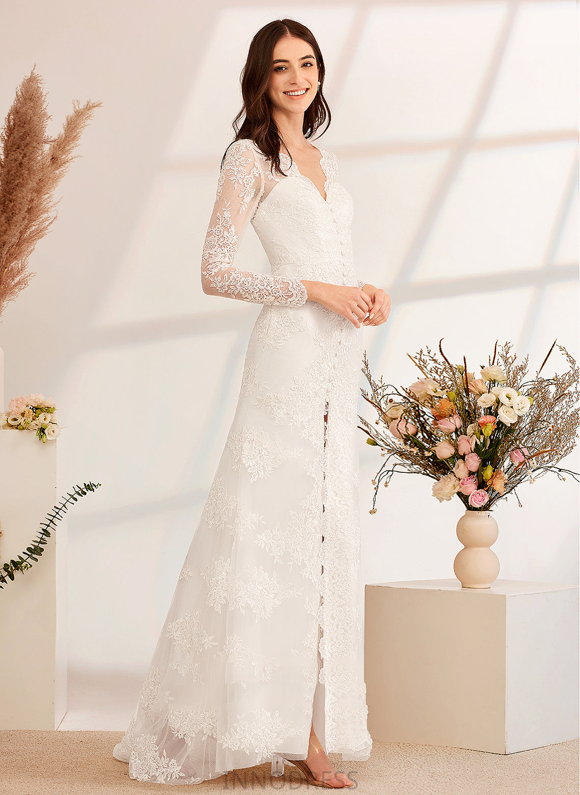 Wedding Sweep Beading Dress V-neck Split Wedding Dresses Elisa Front A-Line Sequins Train With