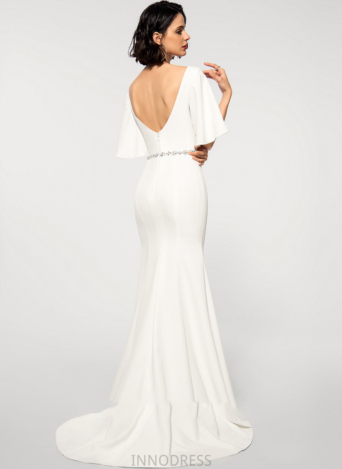 Trumpet/Mermaid Sweep Wedding Wedding Dresses With V-neck Dress Train Stretch Beading Hayden Crepe