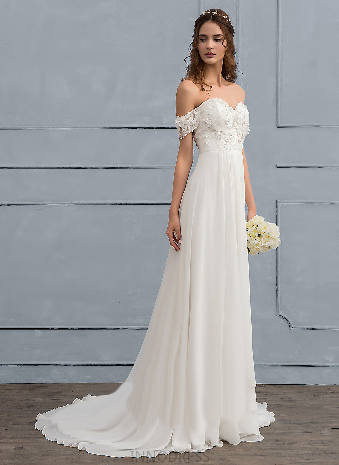 With Wedding Flower(s) Adison A-Line Train Beading Lace Wedding Dresses Sweep Off-the-Shoulder Chiffon Dress