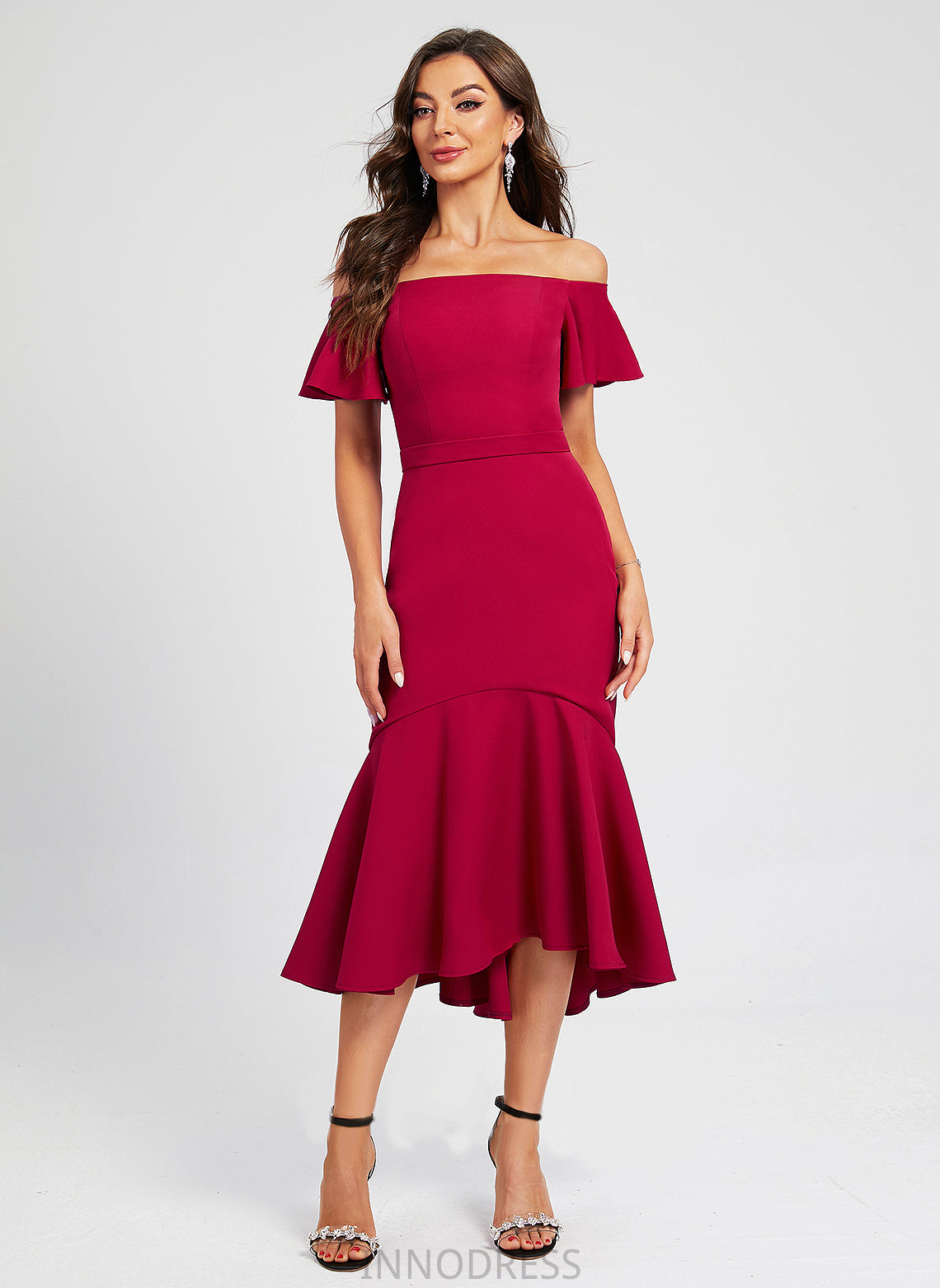 Off-the-Shoulder With Stretch Trumpet/Mermaid Asymmetrical Cocktail Crepe Ruffle Janae Cocktail Dresses Dress