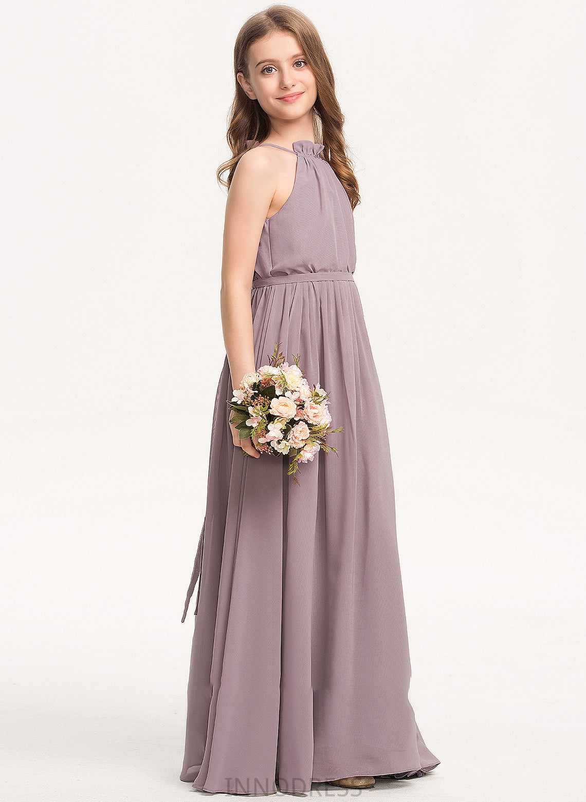 Bow(s) Anaya High Junior Bridesmaid Dresses Ruffles Floor-Length Cascading A-Line Neck Chiffon With