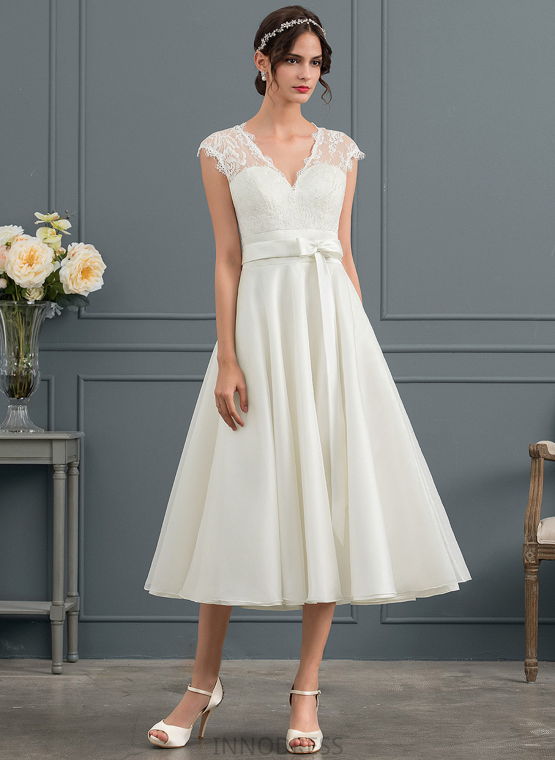 Raegan Bow(s) A-Line Satin Tea-Length Wedding Wedding Dresses Dress With V-neck