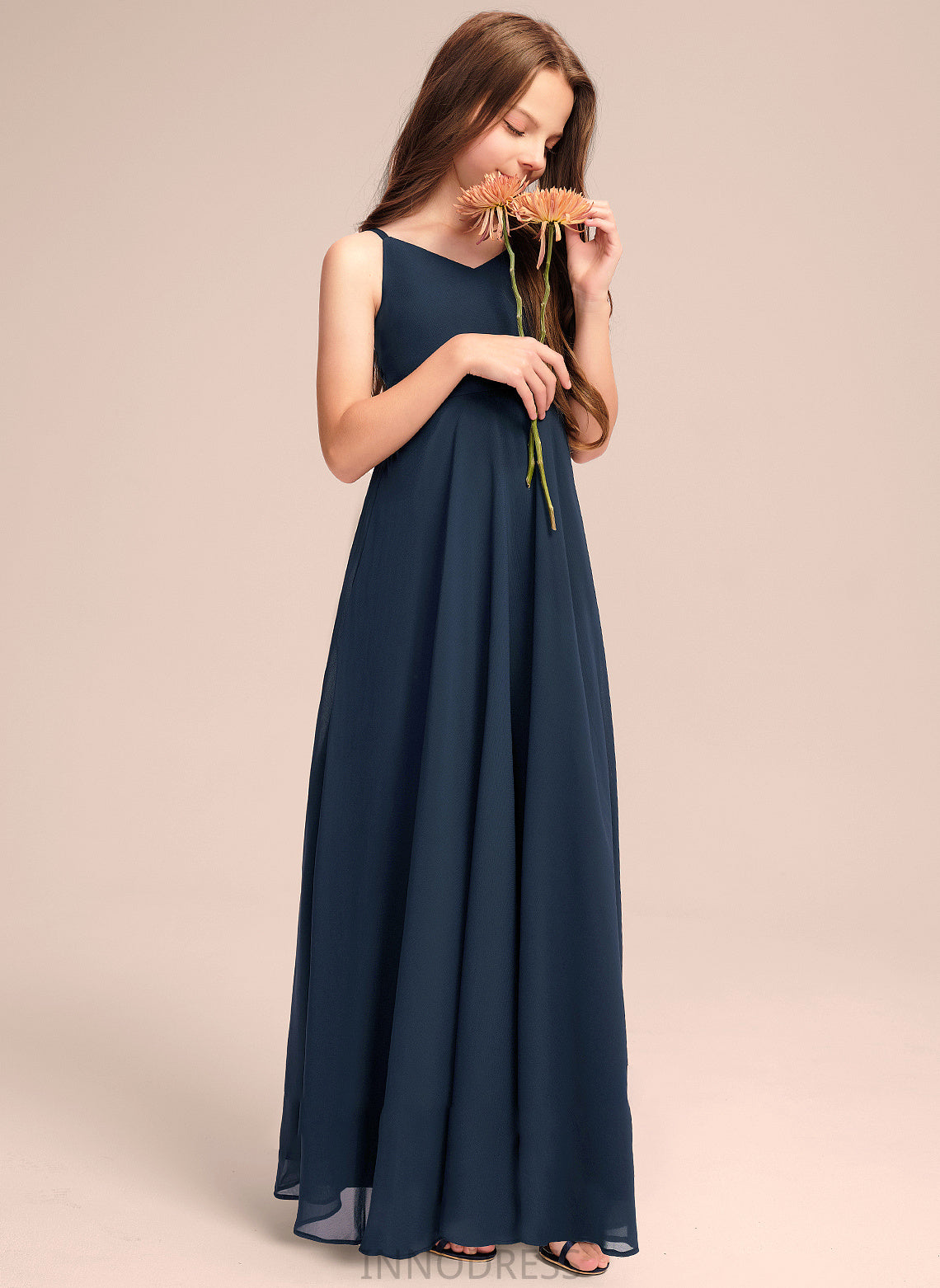 Junior Bridesmaid Dresses A-Line Amelie Bow(s) Chiffon With V-neck Floor-Length