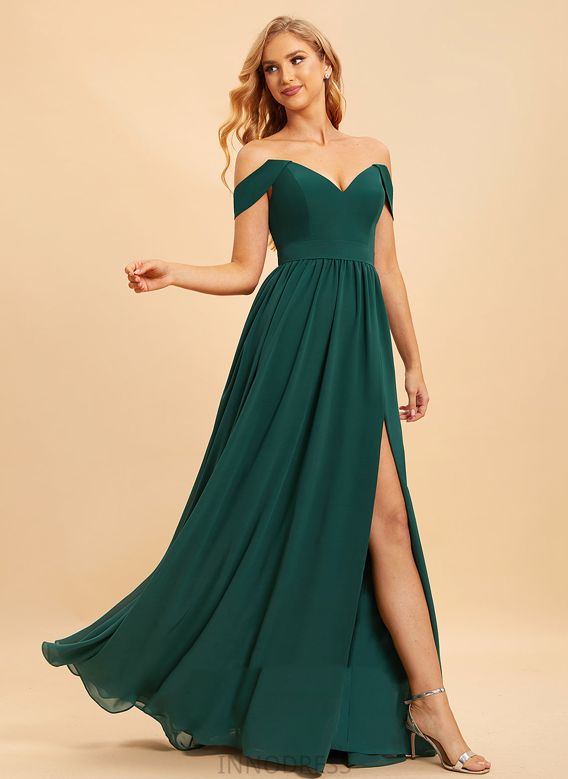 SplitFront Off-the-Shoulder Length Floor-Length Embellishment Silhouette Neckline A-Line Fabric Magdalena A-Line/Princess Sleeveless Bridesmaid Dresses