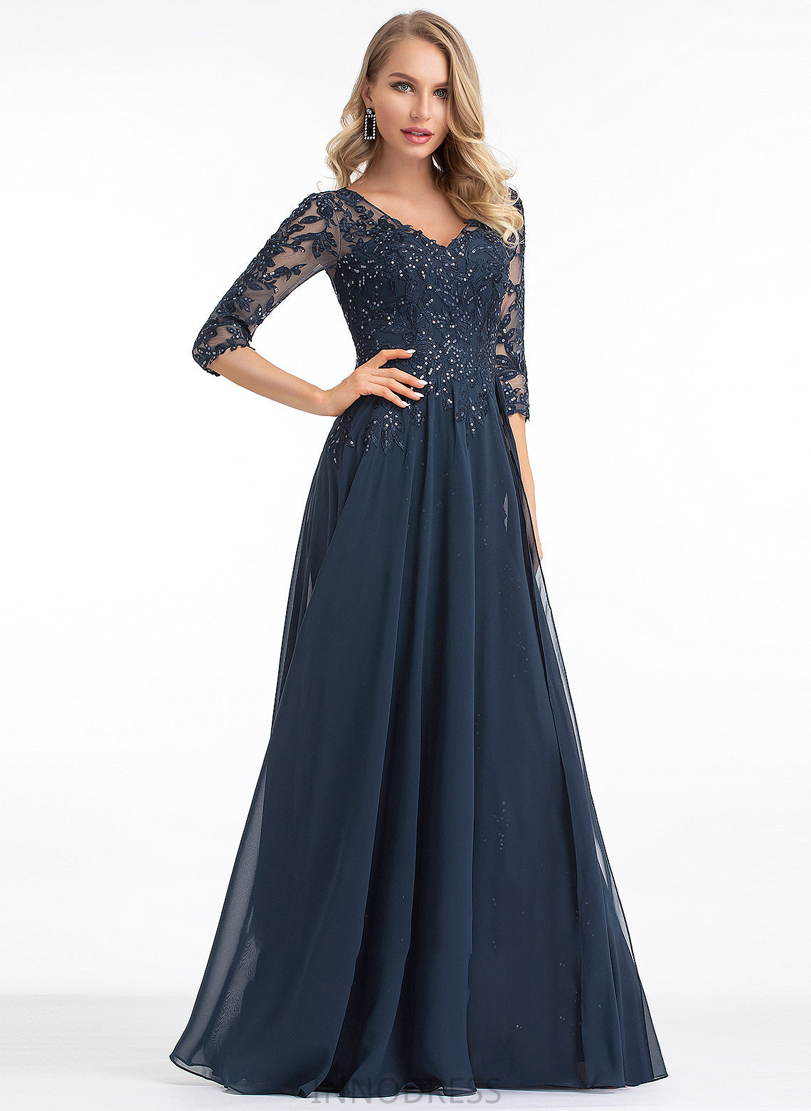 A-Line With Floor-Length Prom Dresses Chiffon V-neck Sequins Kenzie