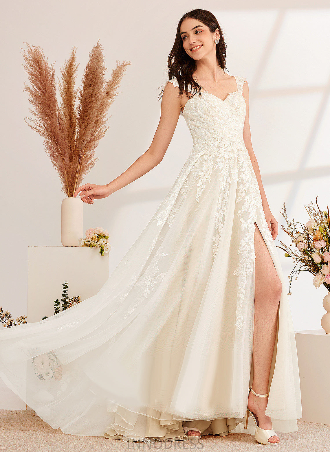 Wedding Train Dress With Beading A-Line Off-the-Shoulder Lace Sequins Wedding Dresses Tulle Sweep Melody