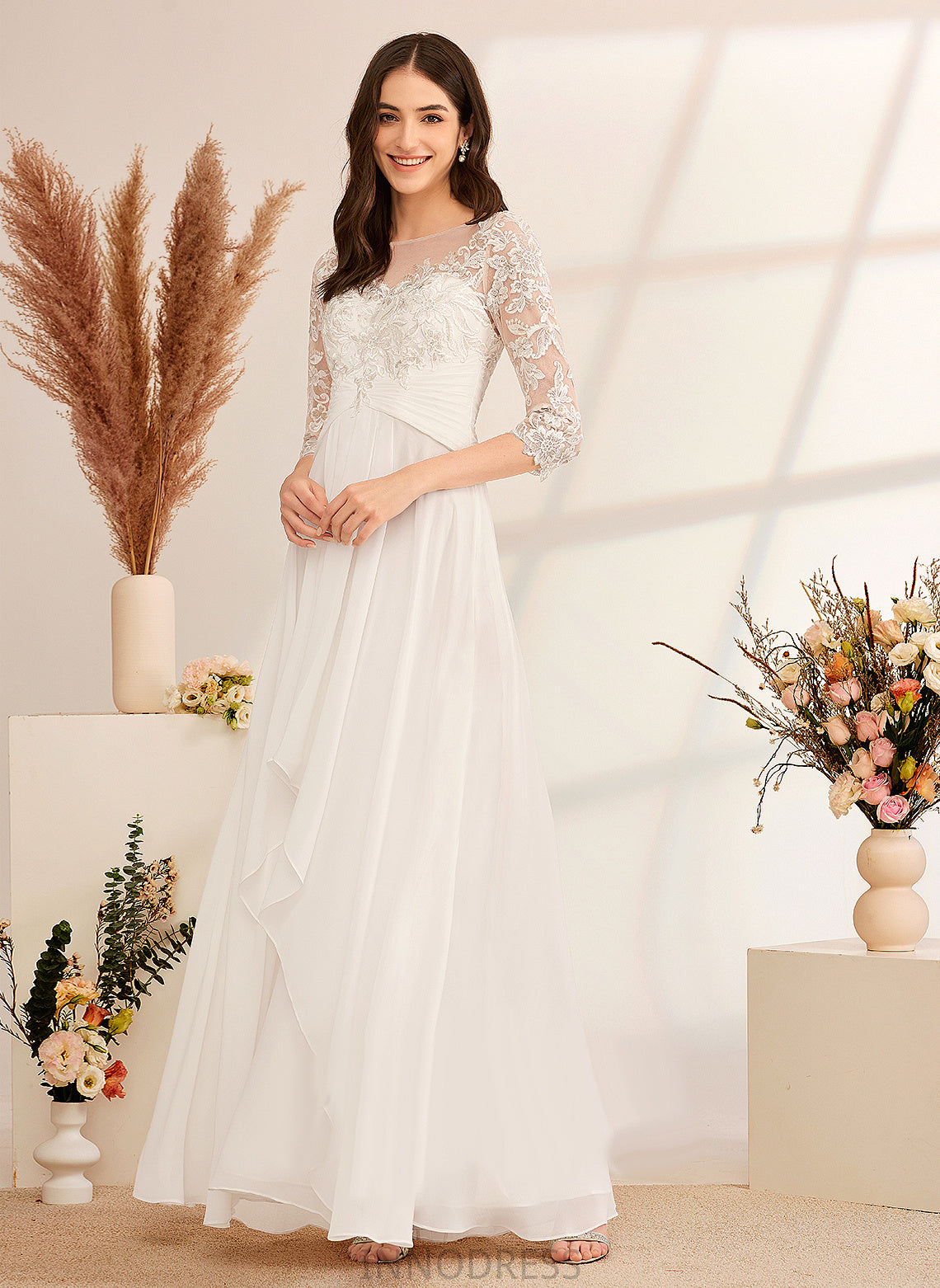 Illusion With Wedding A-Line Dress Wedding Dresses Beading Lace Chiffon Natasha Floor-Length Ruffle