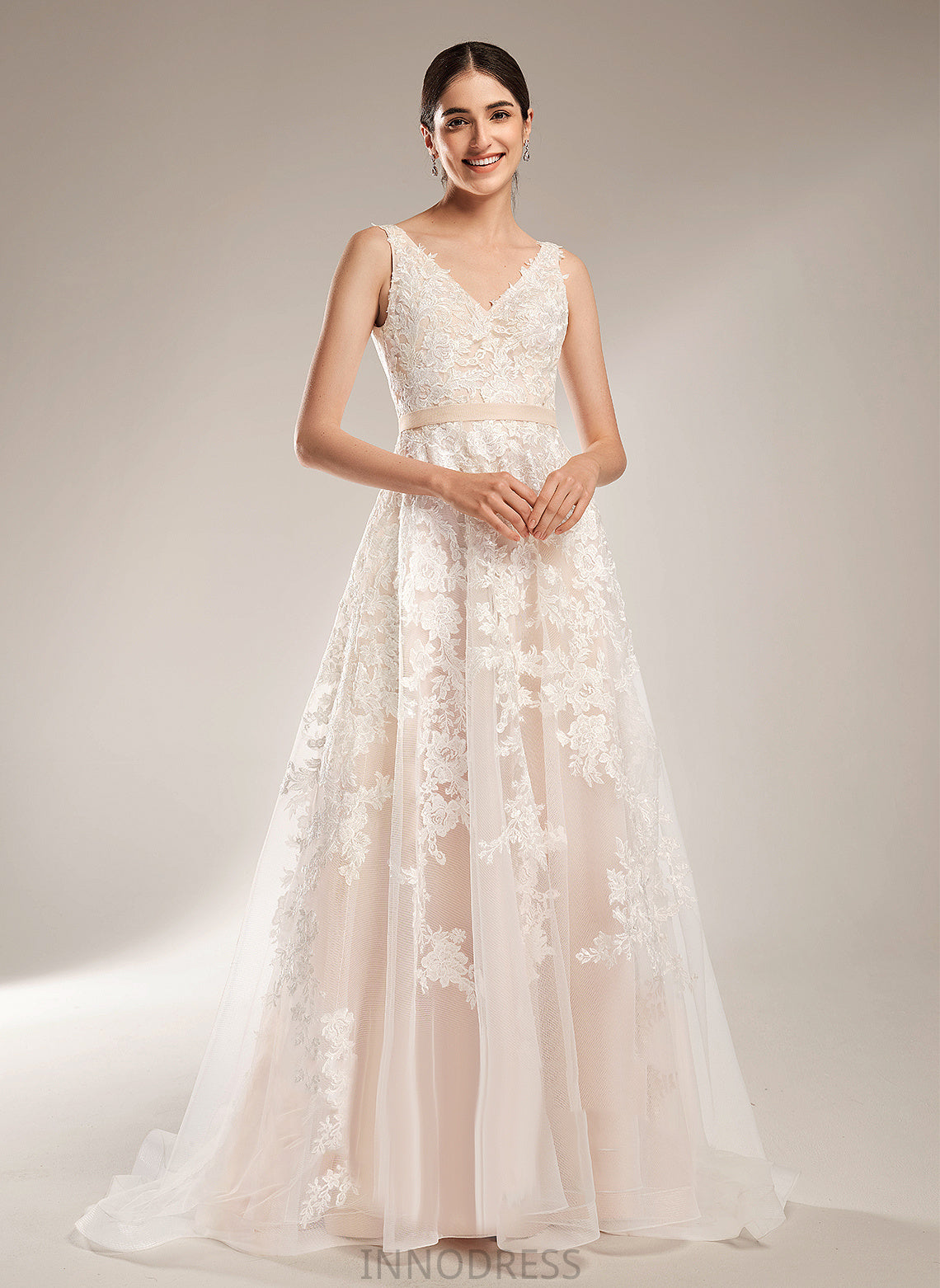 V-neck Lace Wedding Mira Court Wedding Dresses A-Line Train Dress Tulle