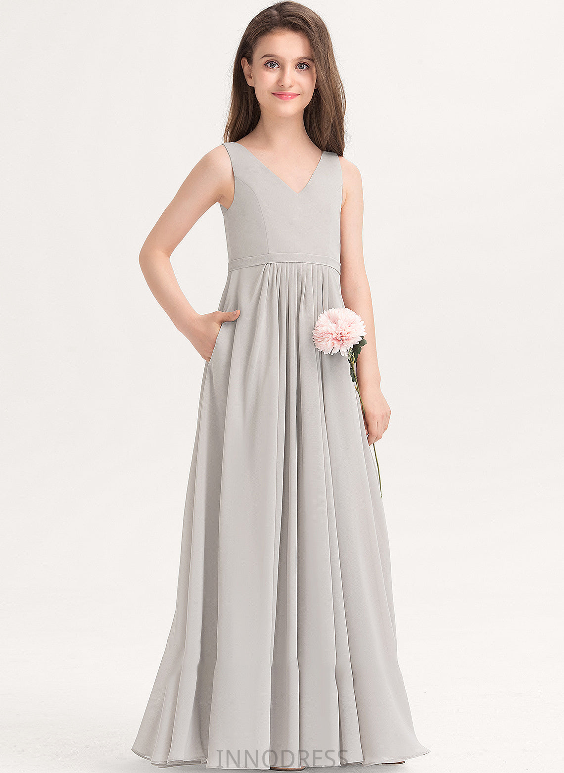 With Floor-Length Junior Bridesmaid Dresses V-neck A-Line Pockets Jaslene Chiffon