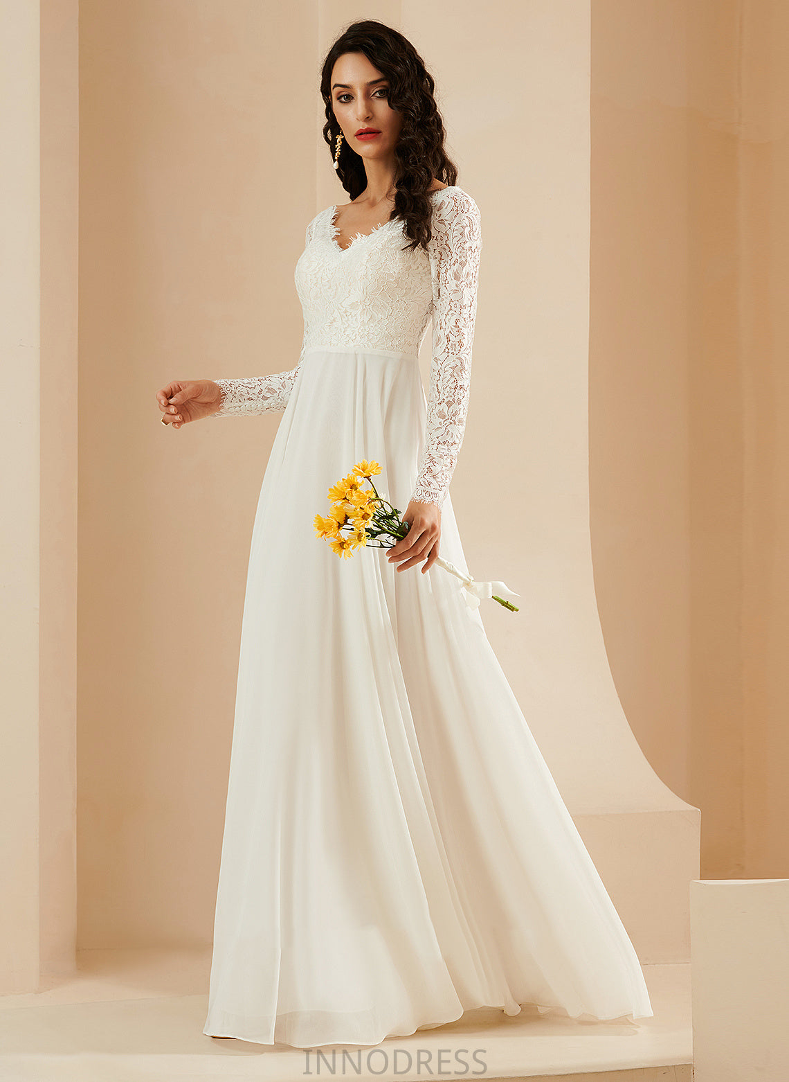 Kaitlynn V-neck Lace Wedding Dresses Sweep With Chiffon Wedding Dress A-Line Train