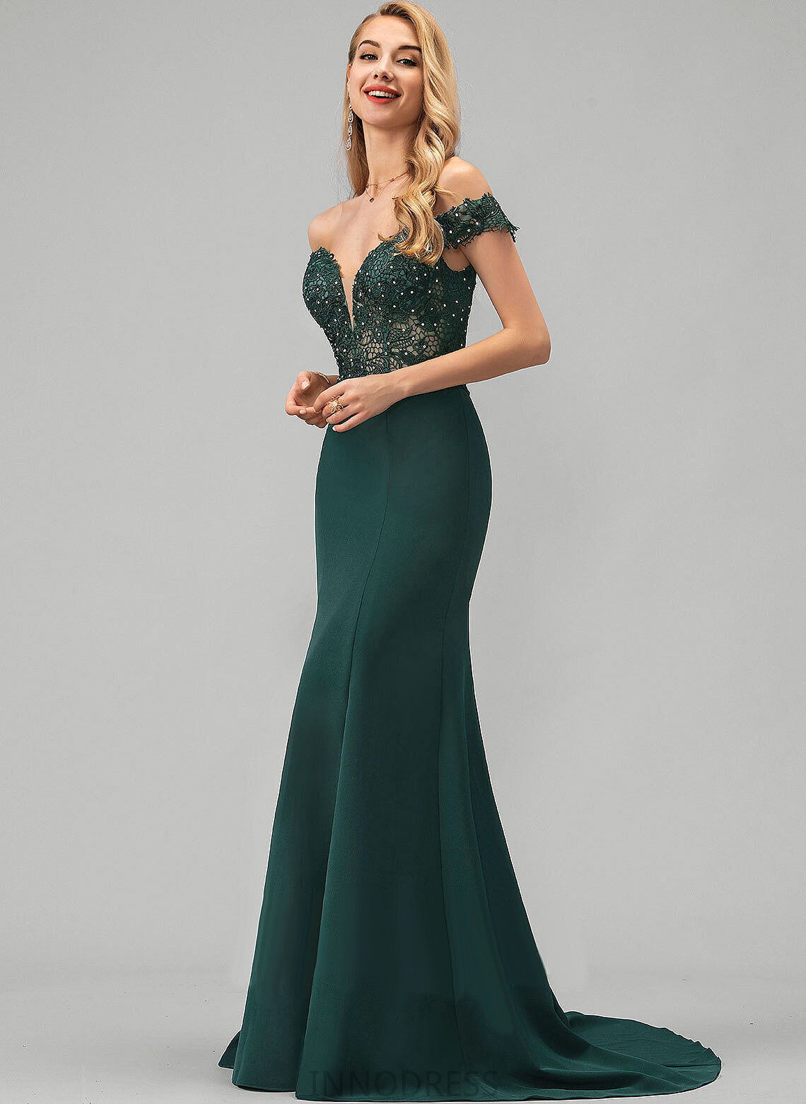 Sweep Train Kylie Prom Dresses With Trumpet/Mermaid Off-the-Shoulder Beading Stretch Crepe Sequins