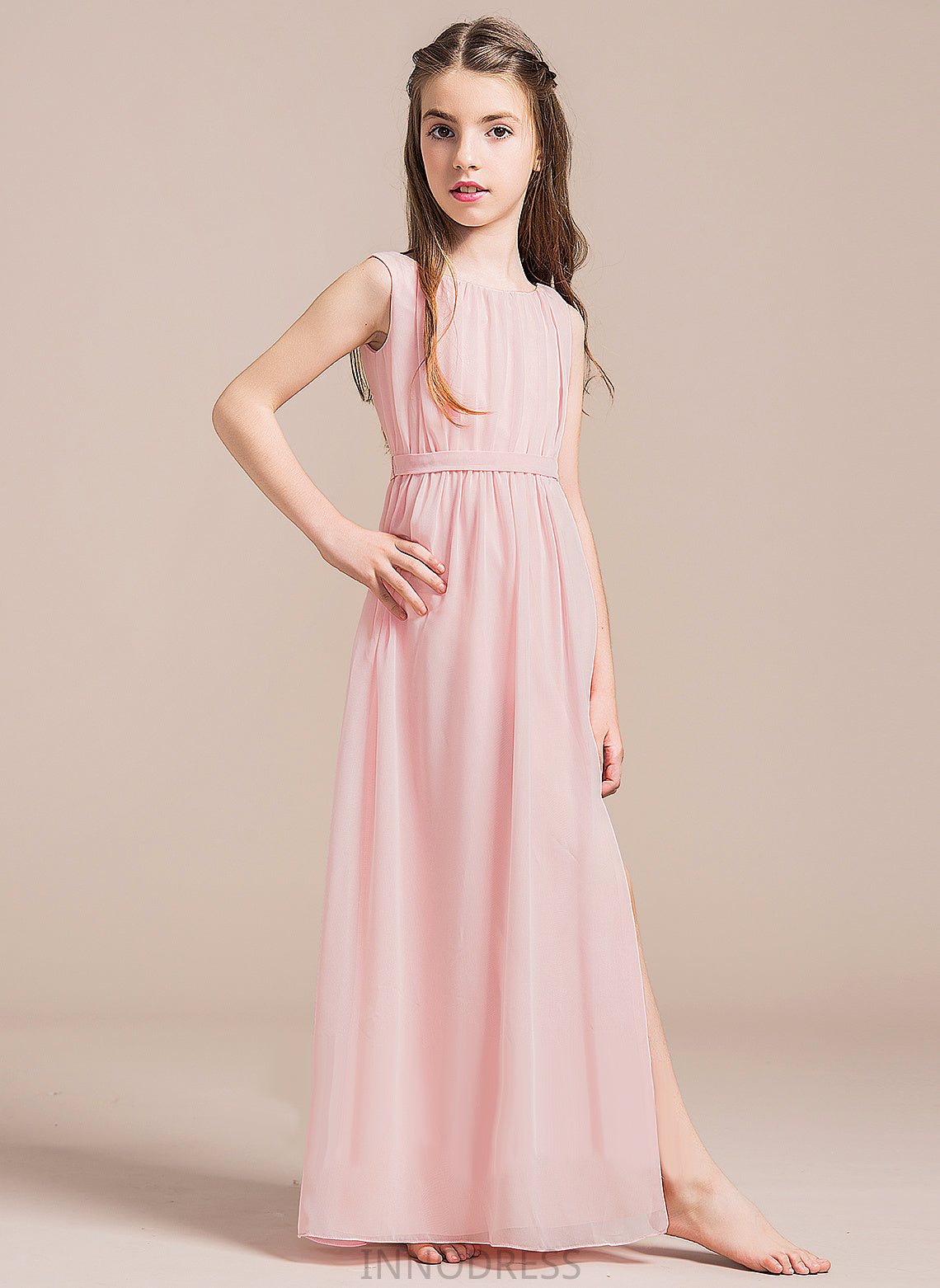 Split Ruffle Floor-Length Front Junior Bridesmaid Dresses A-Line With Hailie Neck Chiffon Scoop