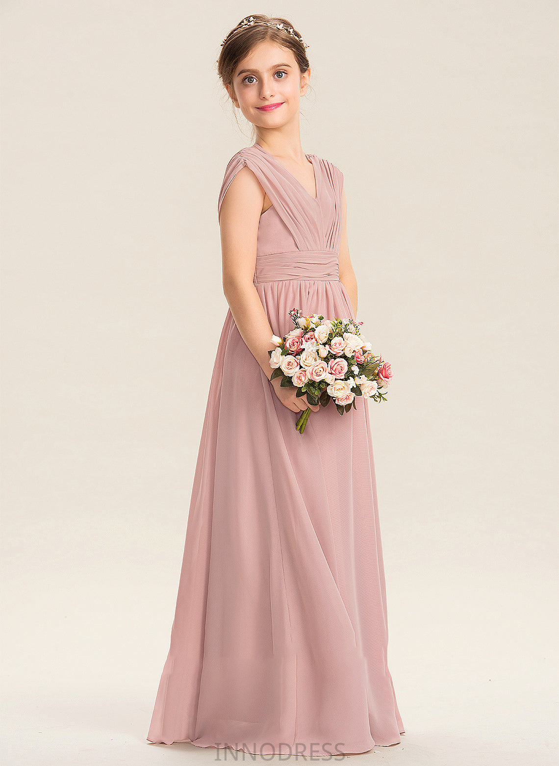 Ruffle V-neck A-Line With Floor-Length Amina Chiffon Bow(s) Junior Bridesmaid Dresses