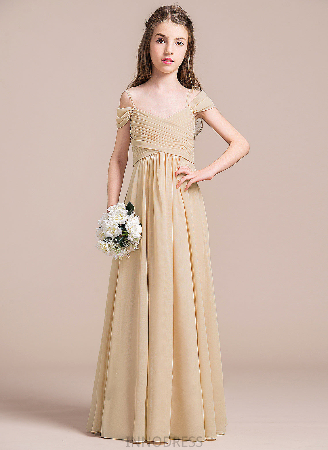 Chiffon Floor-Length A-Line Ruffle Junior Bridesmaid Dresses Off-the-Shoulder With Leslie