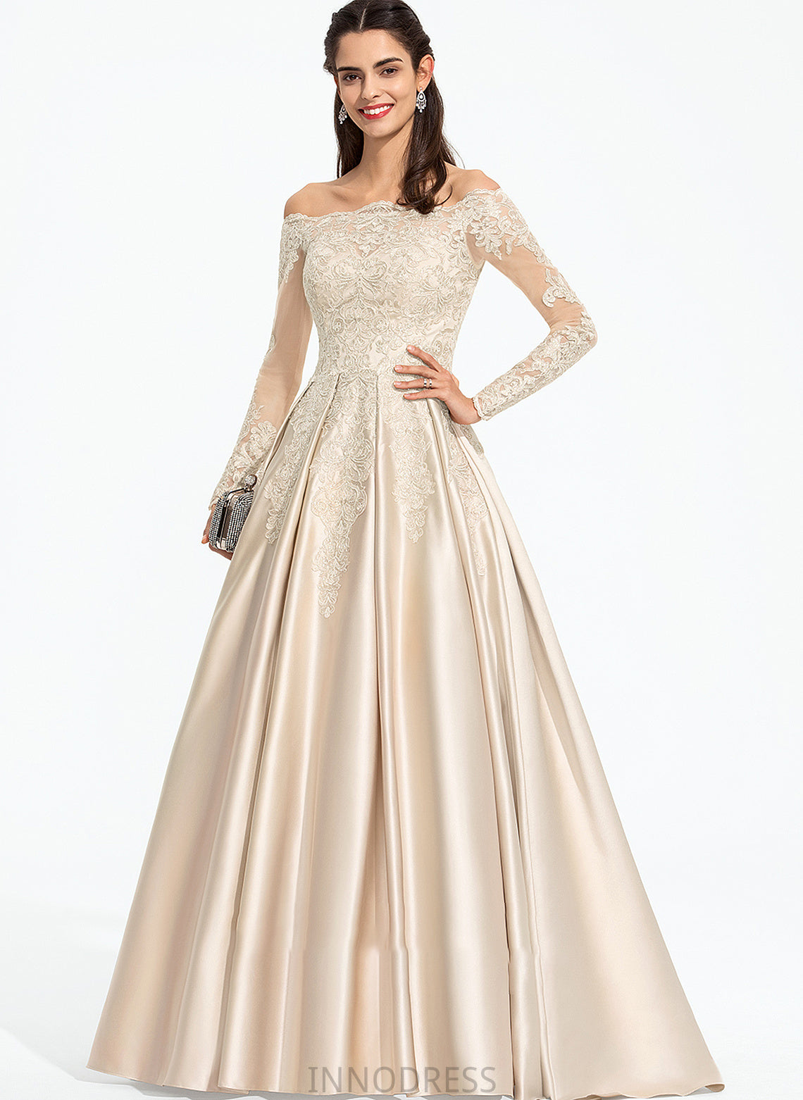 With Sequins Sweep Ball-Gown/Princess Off-the-Shoulder Train Satin Brooke Prom Dresses