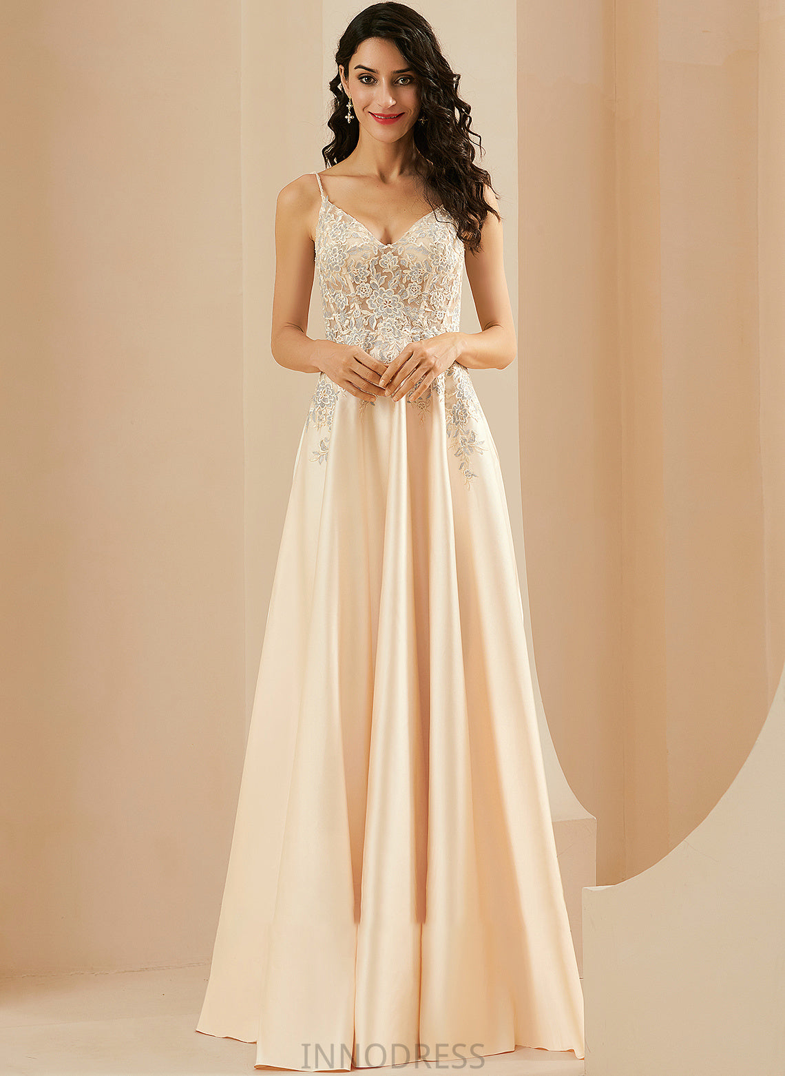 A-Line With V-neck Satin Prom Dresses Aaliyah Lace Floor-Length