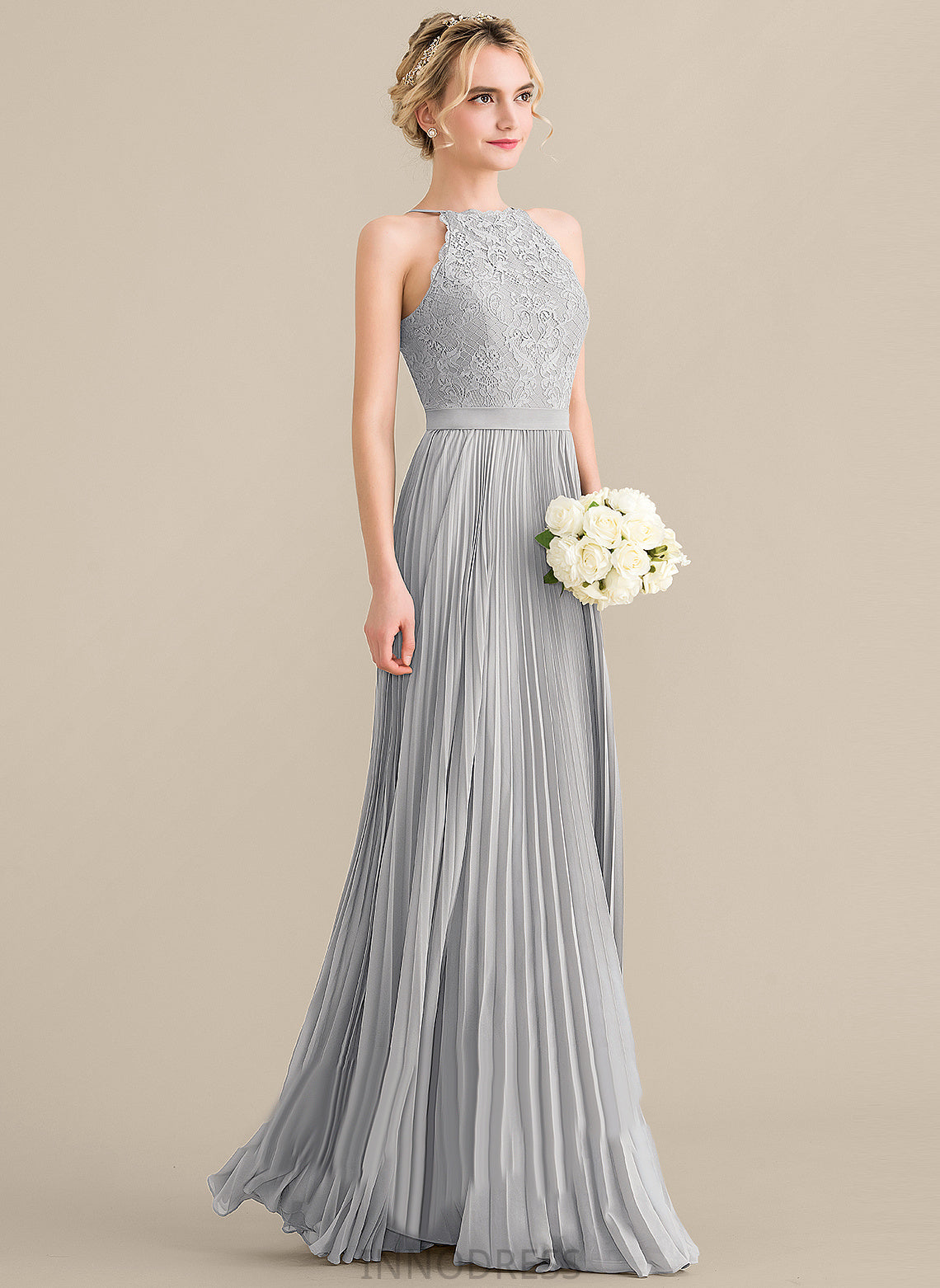 Silhouette Neckline Length Embellishment Scoop A-Line Fabric Floor-Length Pleated Sal Bridesmaid Dresses