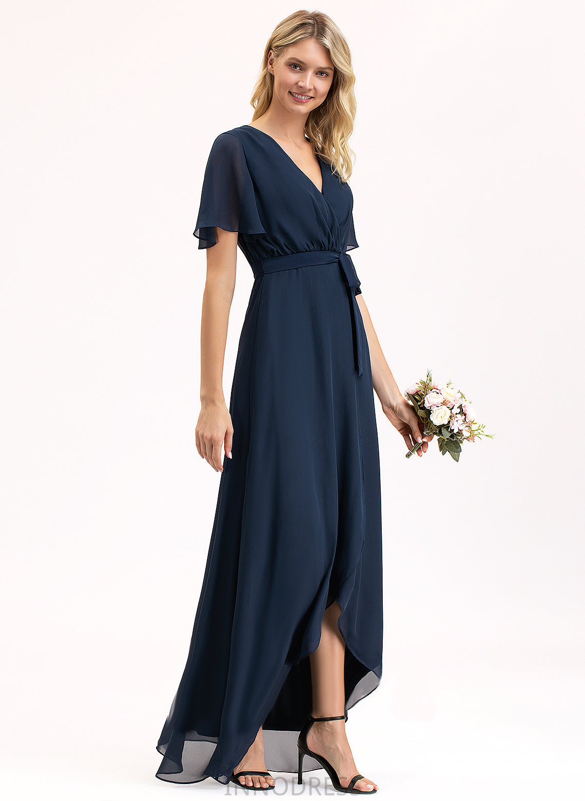 Length Asymmetrical Bow(s) Pleated V-neck A-Line Silhouette Embellishment Fabric Neckline Amiah Floor Length Bridesmaid Dresses