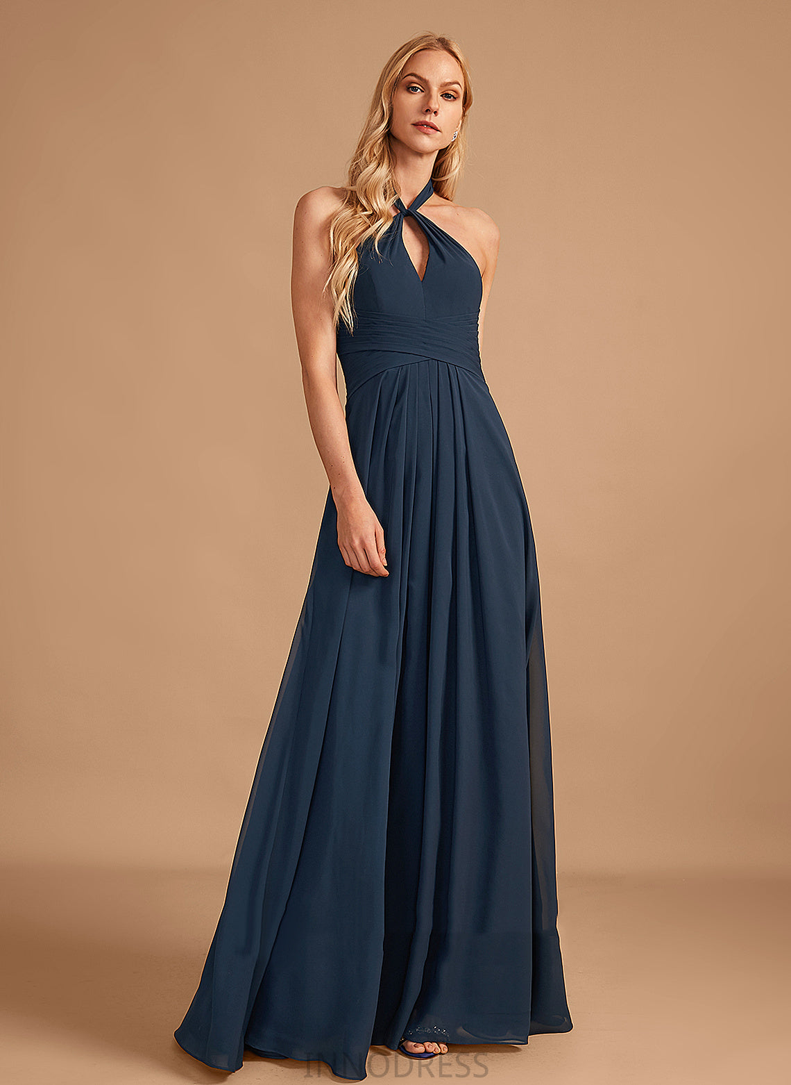 Silhouette Embellishment A-Line Floor-Length Neckline Ruffle Fabric Halter Length Marlie A-Line/Princess Natural Waist Bridesmaid Dresses