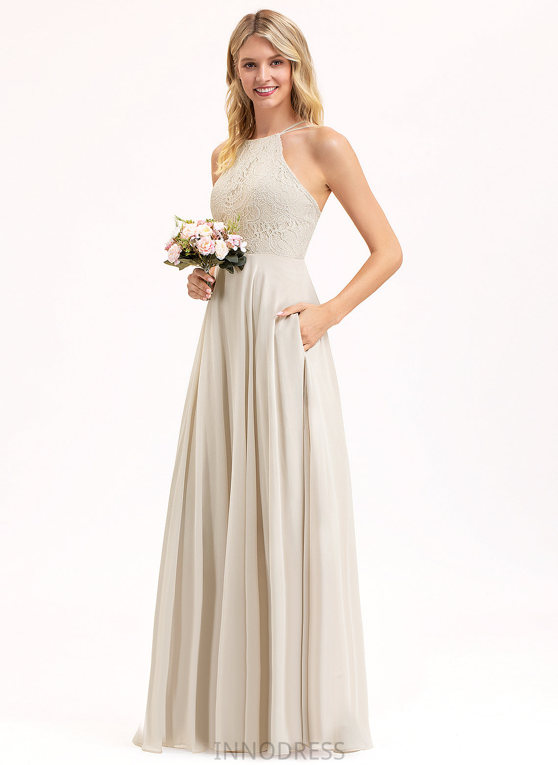 A-Line Fabric Silhouette Floor-Length Length Scoop Lace Neckline Straps&Sleeves Nell Sheath/Column Sleeveless Bridesmaid Dresses