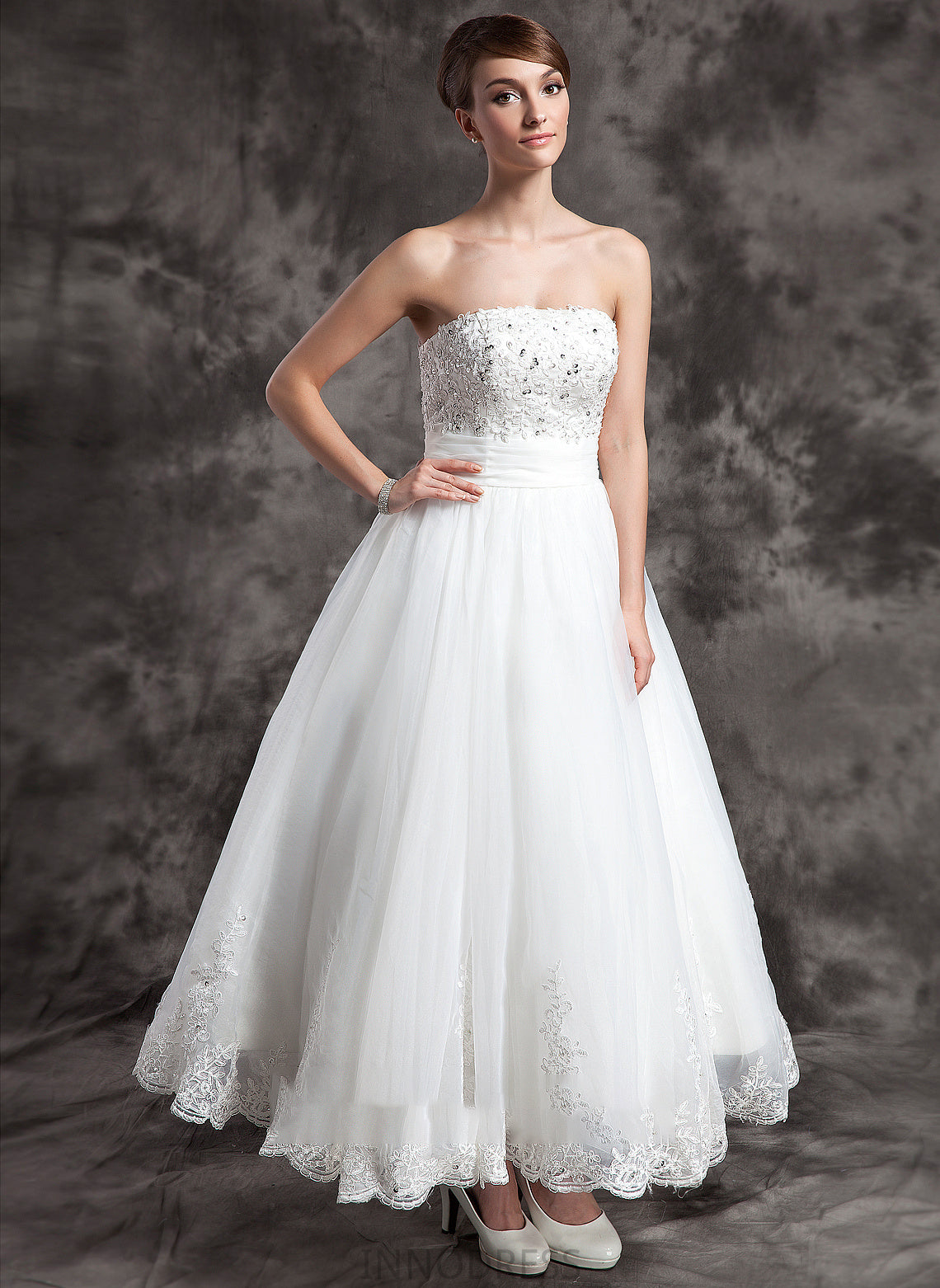 Ball-Gown/Princess Beading Lace With Strapless Faith Wedding Satin Organza Dress Ankle-Length Wedding Dresses