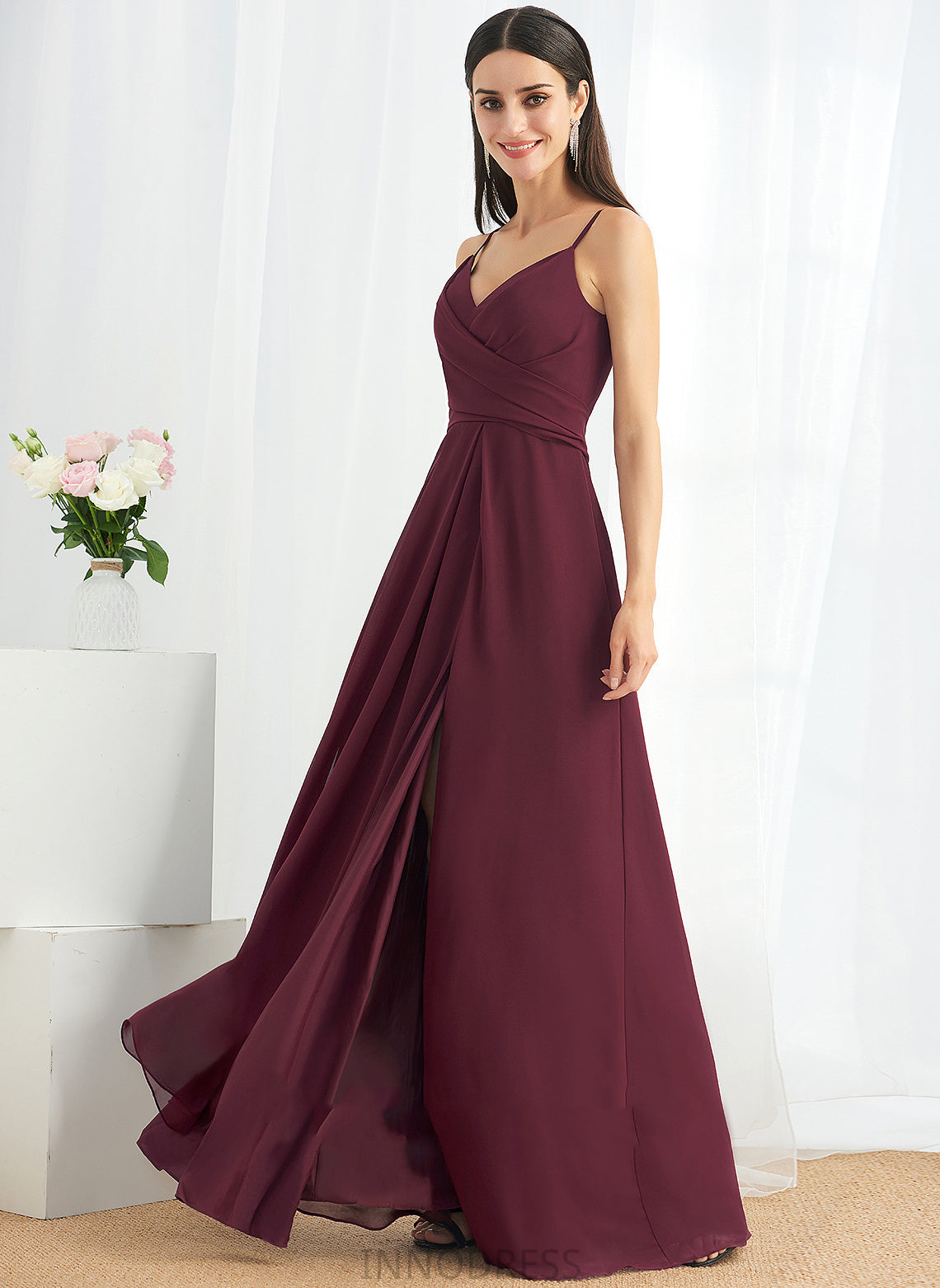 Ruffle V-neck SplitFront Length Fabric Floor-Length Embellishment A-Line Neckline Silhouette Kelly Natural Waist Bridesmaid Dresses