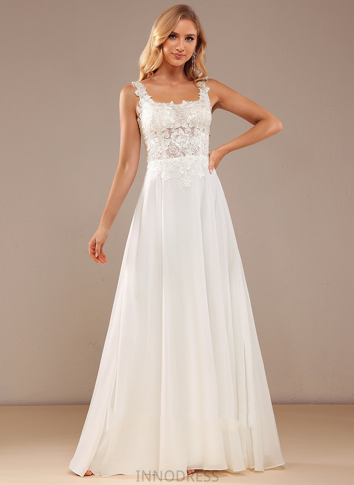 Floor-Length Wedding With A-Line Neckline Lace Lace Chiffon Haleigh Sequins Wedding Dresses Square Dress