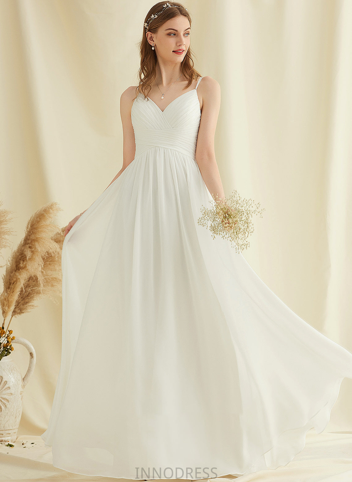 A-Line Wedding Dress Lace Chloe Chiffon With Floor-Length V-neck Wedding Dresses