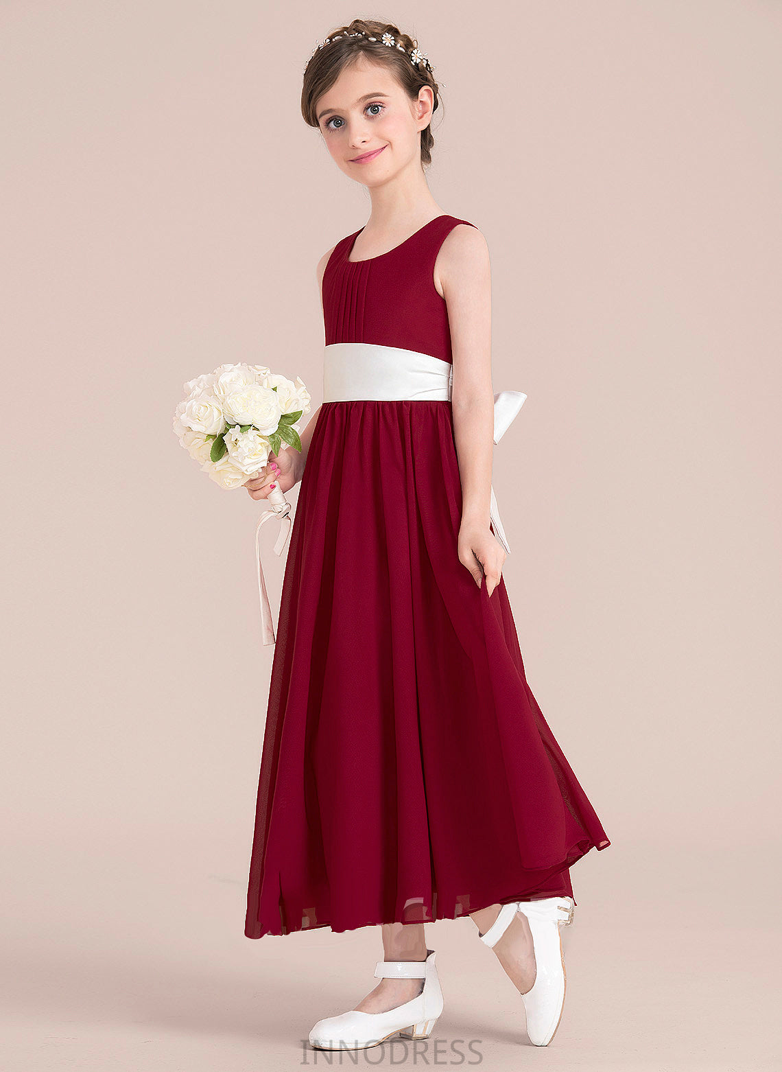 Scoop Neck Bow(s) Empire Chiffon Junior Bridesmaid Dresses With Ankle-Length Kamari Sash A-Line