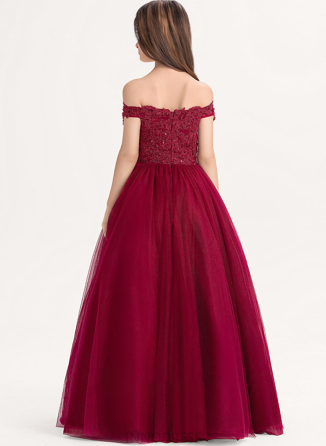 Sequins Lace Junior Bridesmaid Dresses Floor-Length Off-the-Shoulder Tulle Ball-Gown/Princess Maryjane Beading With