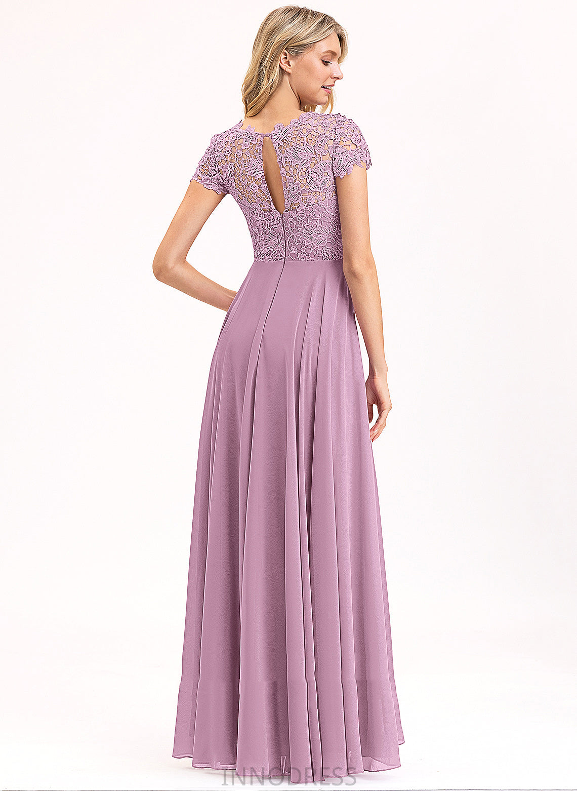 Floor-Length Scoop Fabric Silhouette Lace Straps&Sleeves Neckline A-Line Length Adeline Cap Sleeves Natural Waist Bridesmaid Dresses