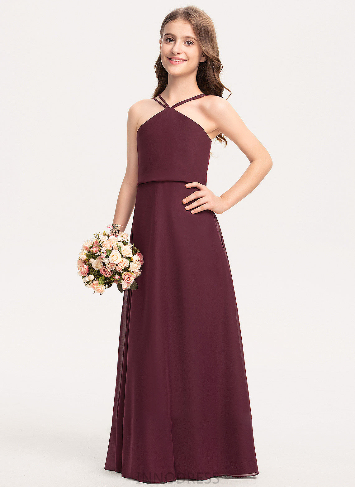 A-Line Chiffon Moriah V-neck Floor-Length Junior Bridesmaid Dresses