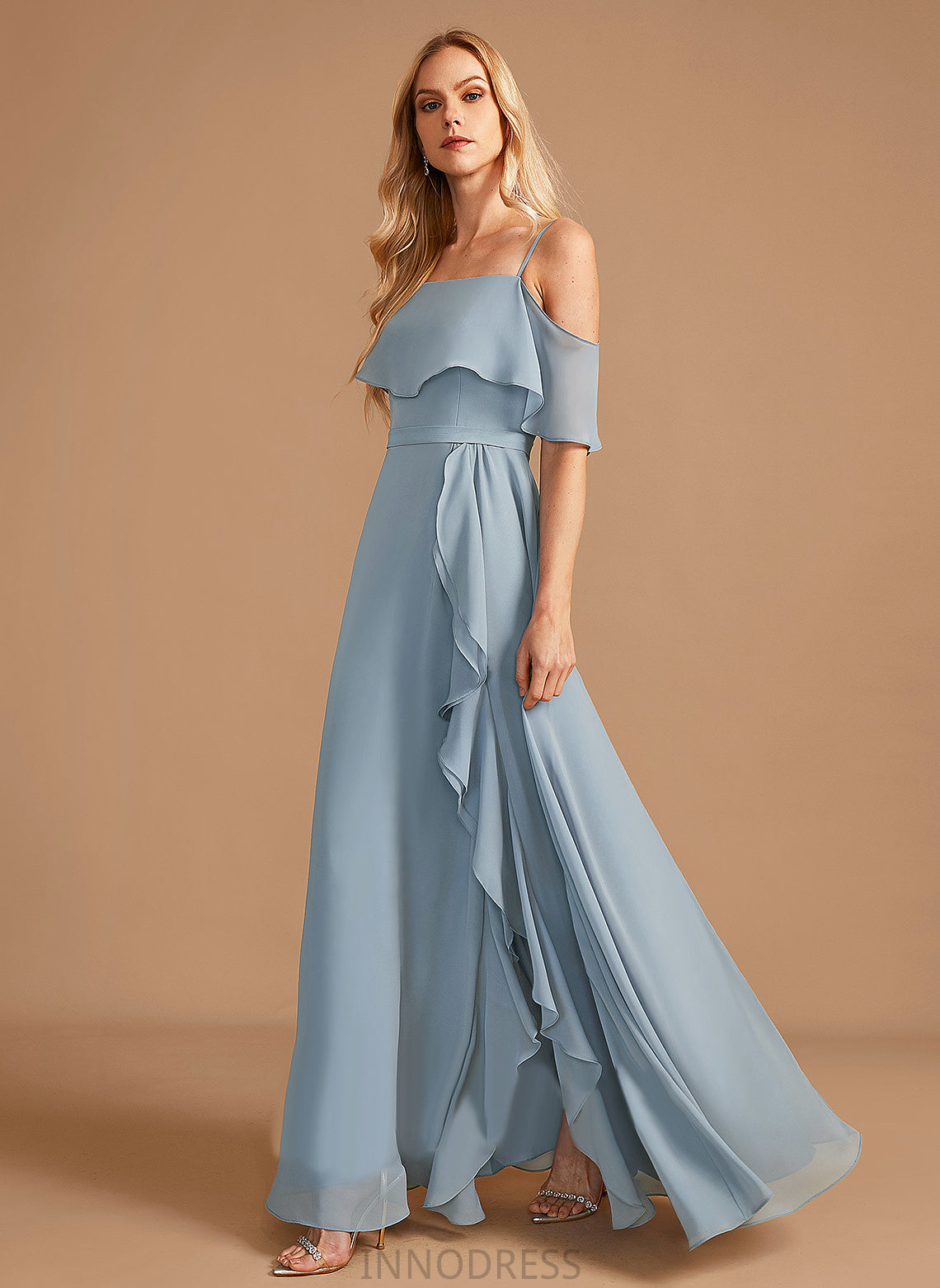 SplitFront Embellishment Length Neckline Ruffle Fabric Off-the-Shoulder A-Line Floor-Length Silhouette Emery Sleeveless Bridesmaid Dresses