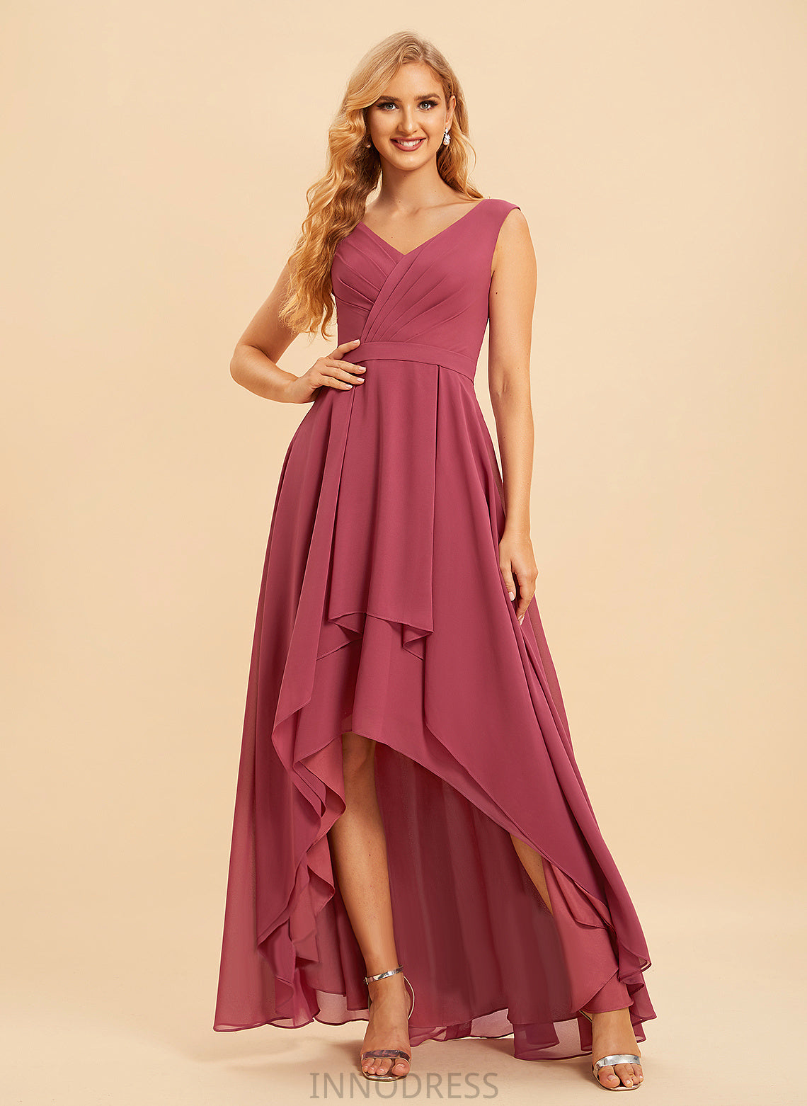 Asymmetrical Length V-neck A-Line Embellishment Ruffle Fabric Neckline Silhouette Sandra Sheath/Column Sleeveless Bridesmaid Dresses