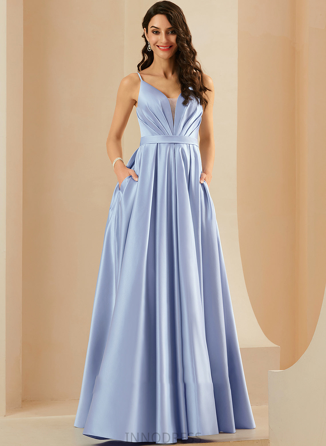 Ball-Gown/Princess Satin V-neck Prom Dresses With Pockets Floor-Length Abagail Ruffle