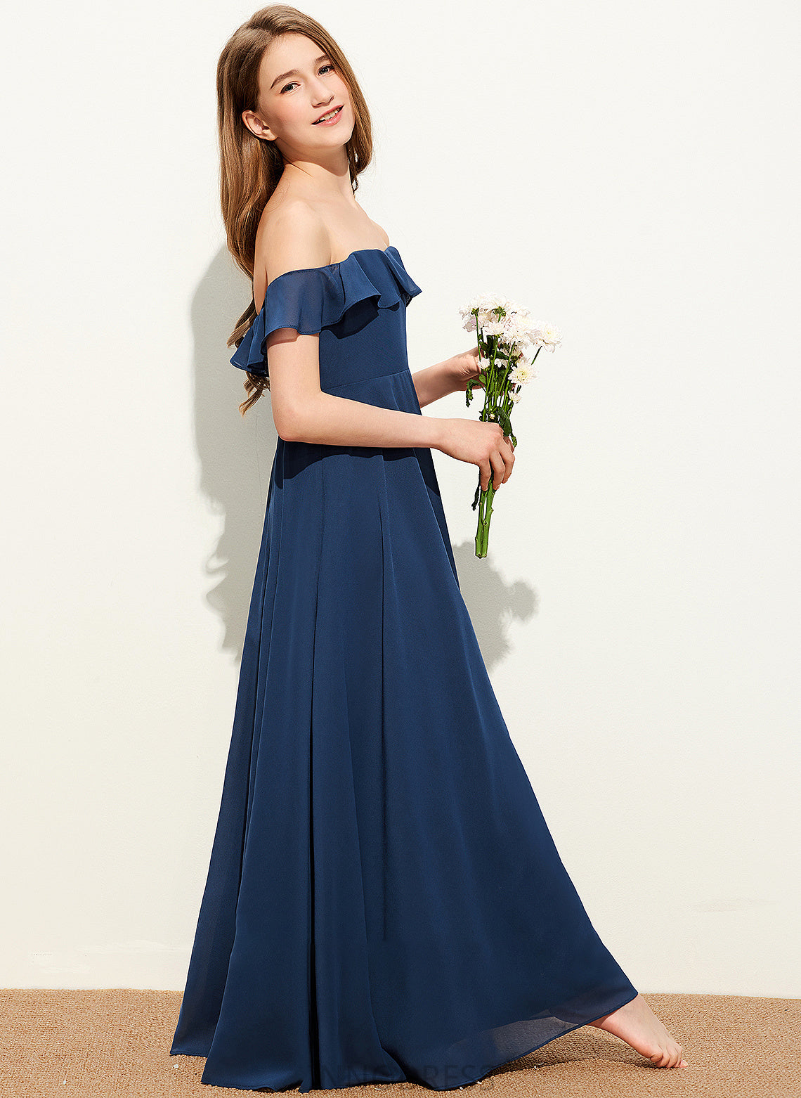 A-Line Junior Bridesmaid Dresses Nancy Chiffon Floor-Length Off-the-Shoulder