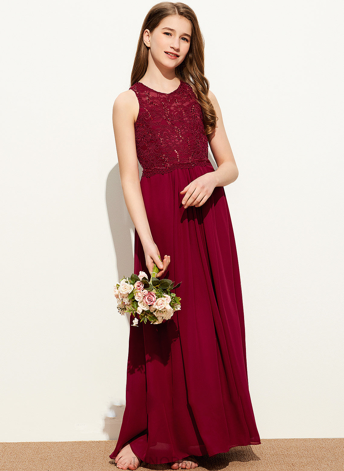 With Neck A-Line Junior Bridesmaid Dresses Chiffon Sophie Scoop Floor-Length Sequins Lace