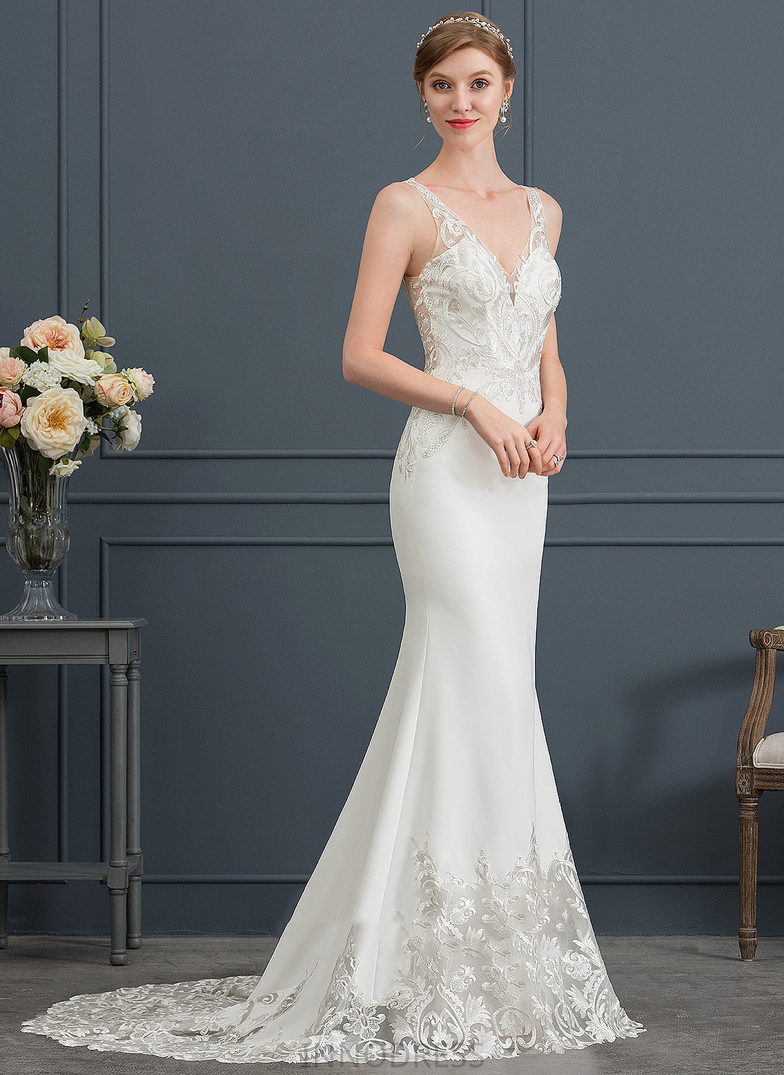 Lace Kallie V-neck Crepe Court Stretch Wedding Dresses Train Trumpet/Mermaid Dress Wedding