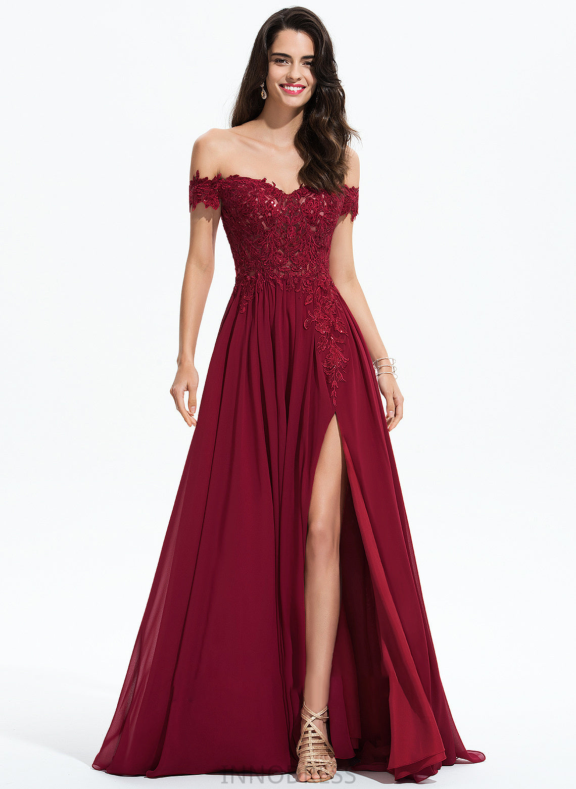 Prom Dresses A-Line Chiffon Nyla Sweep Sequins With Off-the-Shoulder Lace Train