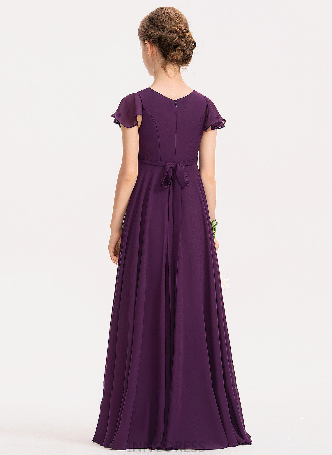 Junior Bridesmaid Dresses Cascading V-neck Bow(s) Kailyn Chiffon Floor-Length A-Line With Ruffles