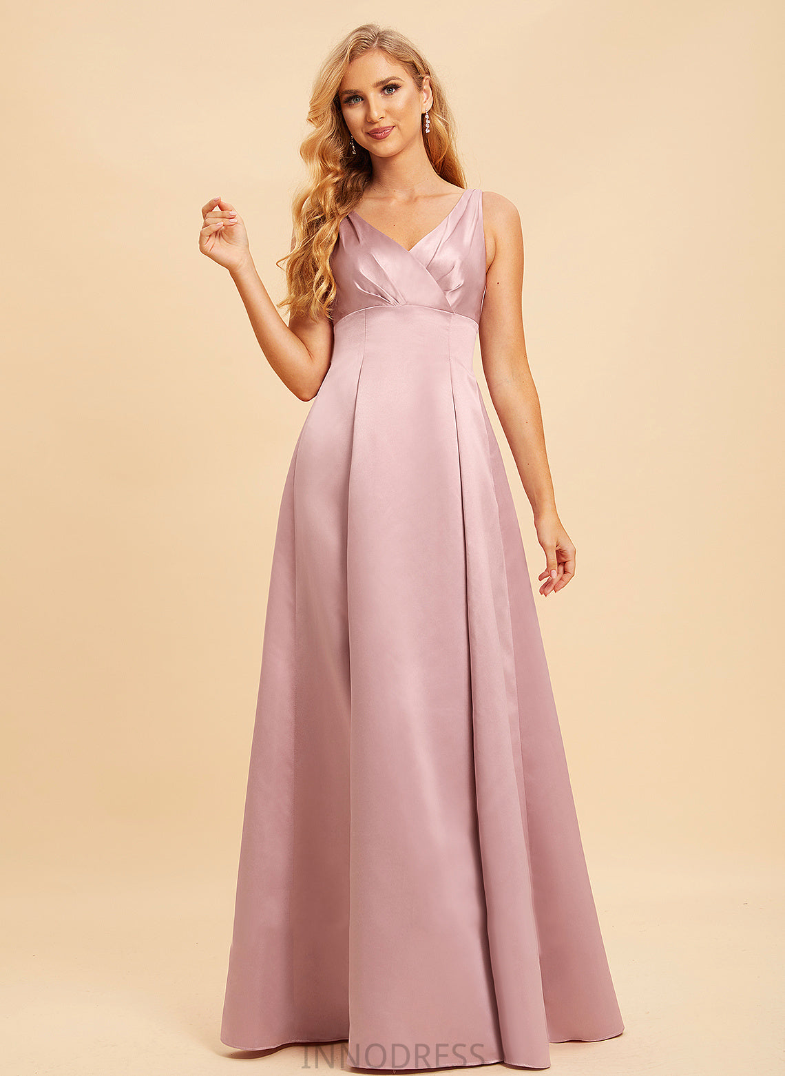 Straps A-Line Satin Length Silhouette V-neck Floor-Length Neckline Fabric Amanda Sleeveless Natural Waist Bridesmaid Dresses