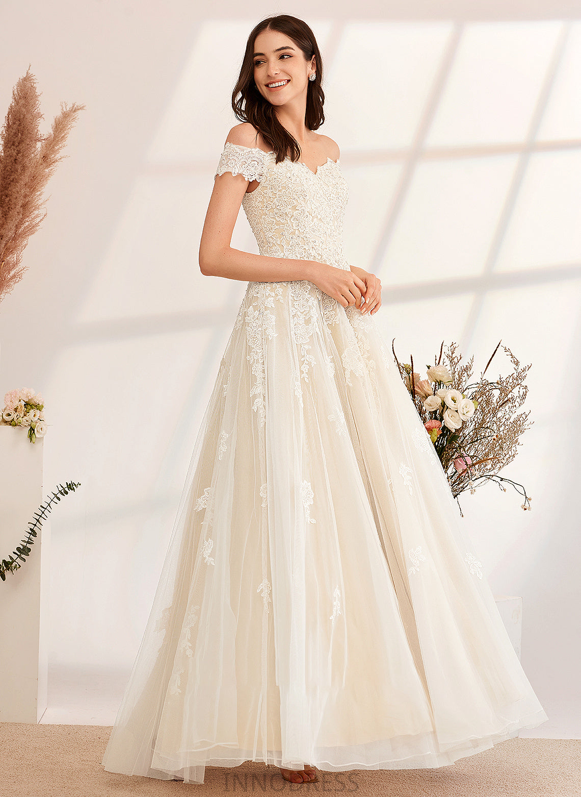 Ball-Gown/Princess Margaret Dress Wedding Dresses Beading Floor-Length With Wedding Off-the-Shoulder Sequins