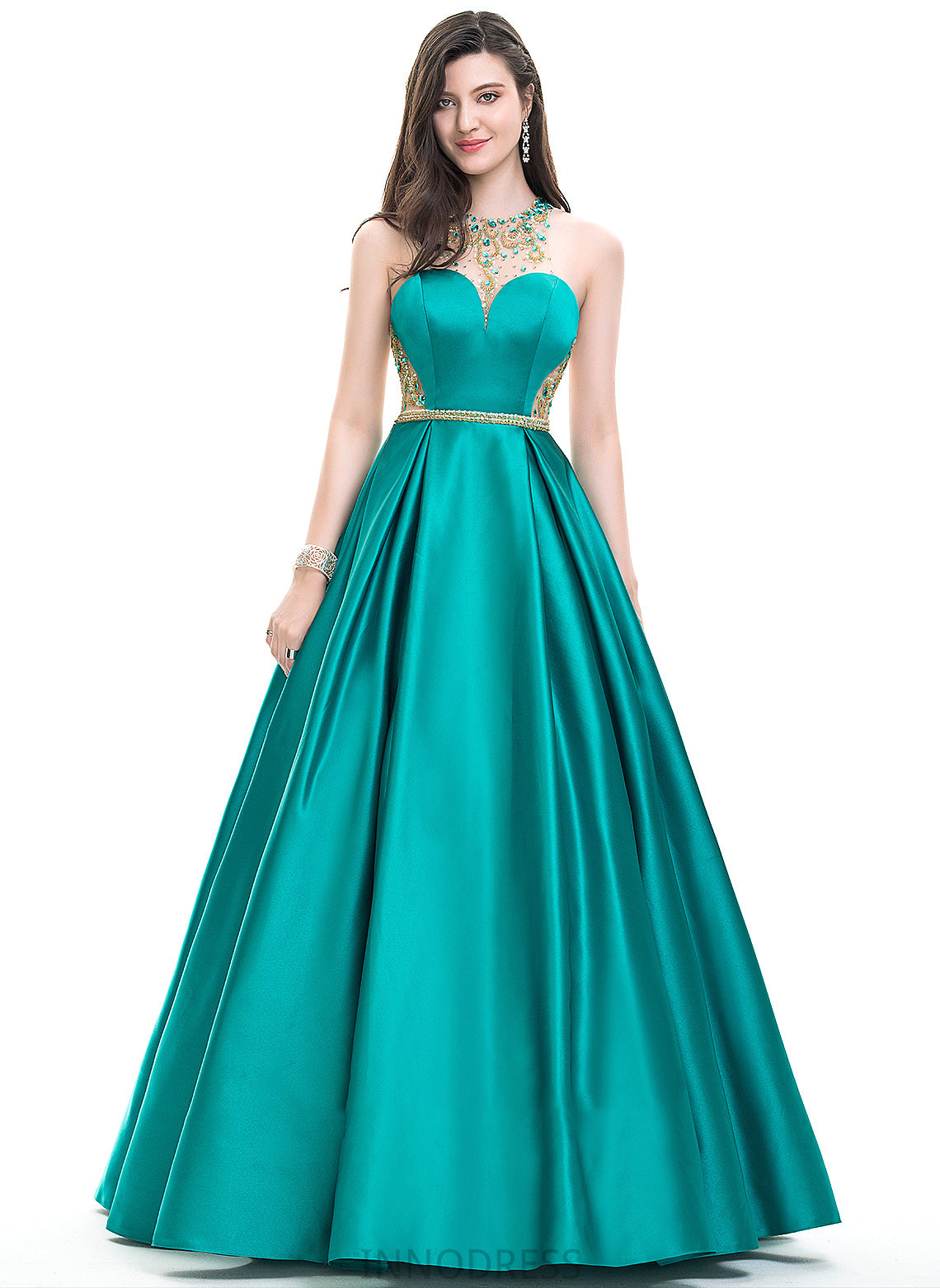 Scoop Satin Beading Floor-Length Taylor Sequins Neck Ball-Gown/Princess With Prom Dresses